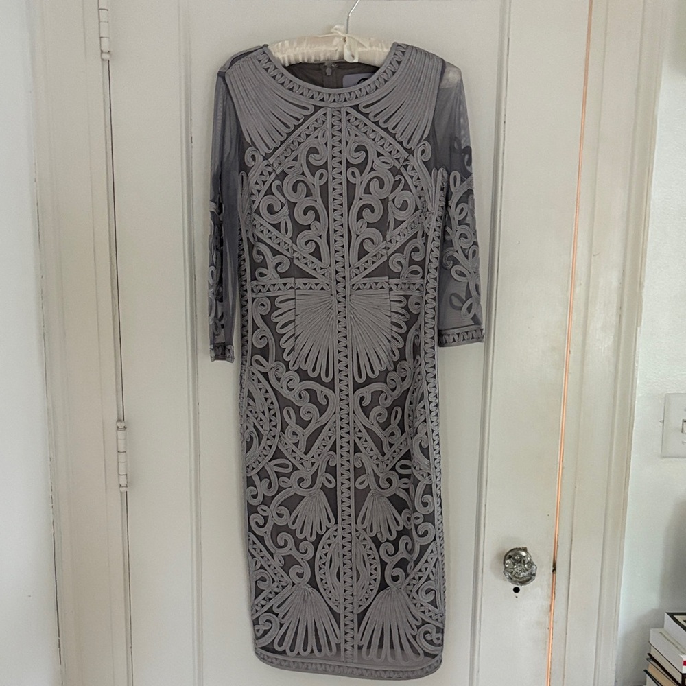 JS Collections Elegant Gray Patterned Midi Dress